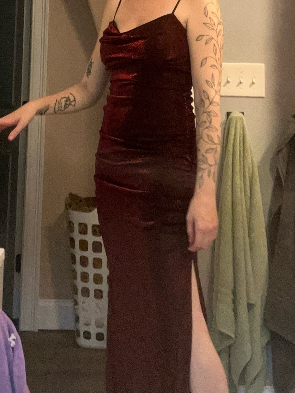 Emerald Sundae Deep Burgundy Velvet Maxi Slip Dress with Side Slit
